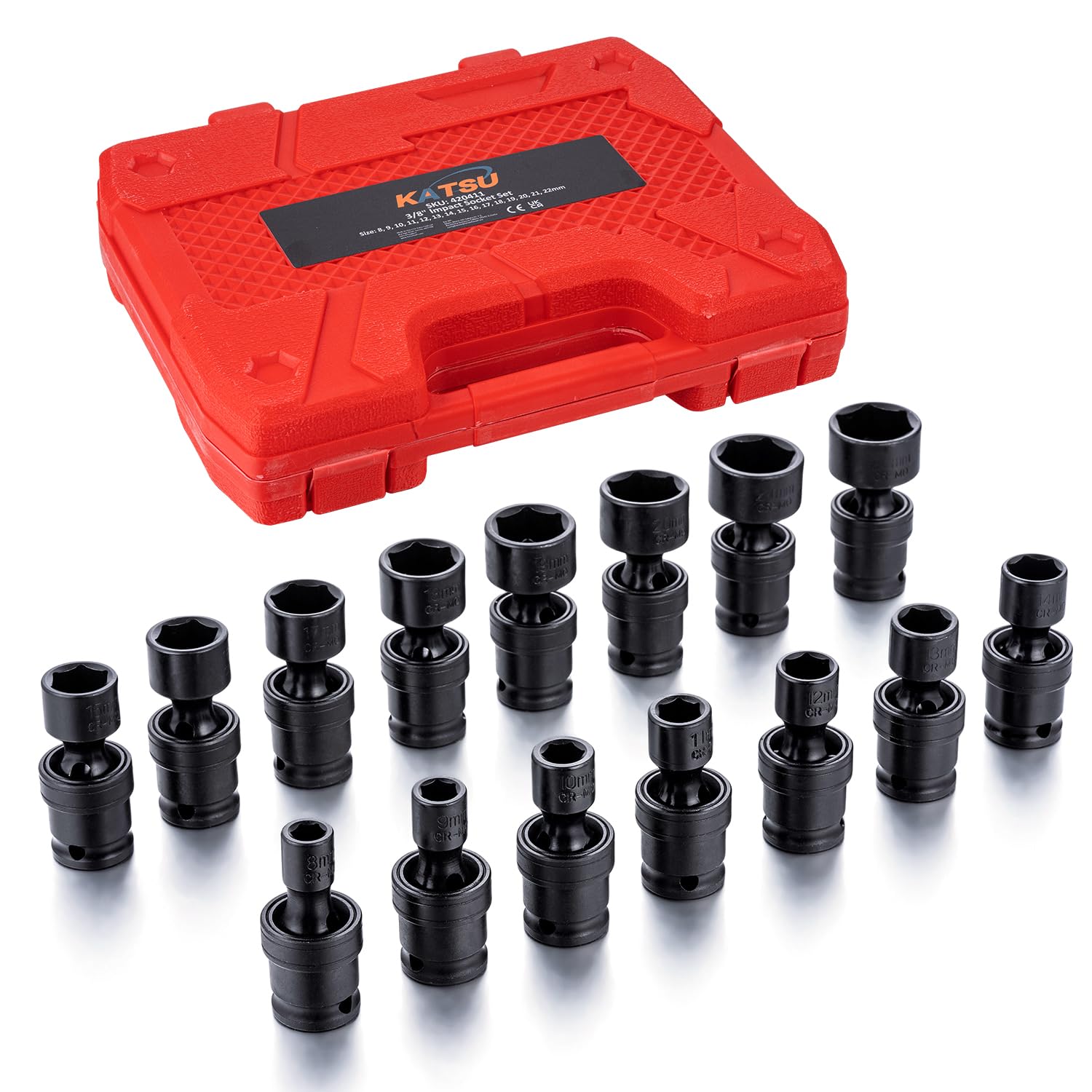 KATSU 3/8" Drive Impact Swivel Socket Set 15PCs Metric 8-22mm 6 Point Wobble Shallow Sockets, Chrome Moly Steel, Mechanical Tool Auto Repairing Garage 420411