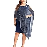 TIARALY Plus Size Sparkly Formal Dress Long Cape Overlay Midi Mother of Bride Outfit Cocktail Wedding Guest Evening Prom