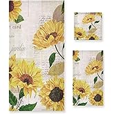 HATESAH Vintage Sunflower Bath Towels Set,Soft Highly Absorbent Yellow Summer Floral Retro Newspaper Decorative Towel Set 3 Piece,1 Bath Towel,1 Hand Towel,1 Washcloth,Luxury Towels for Bathroom