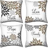 Tatuo 4 Pcs Flower Pillow Covers Square Winter Pillow Cushion Cases 18x18 Inch, Family Faith Hope Love Words Decorative Spring Summer Cushion Case for Bed Couch Sofa Living Room(Brown Series)