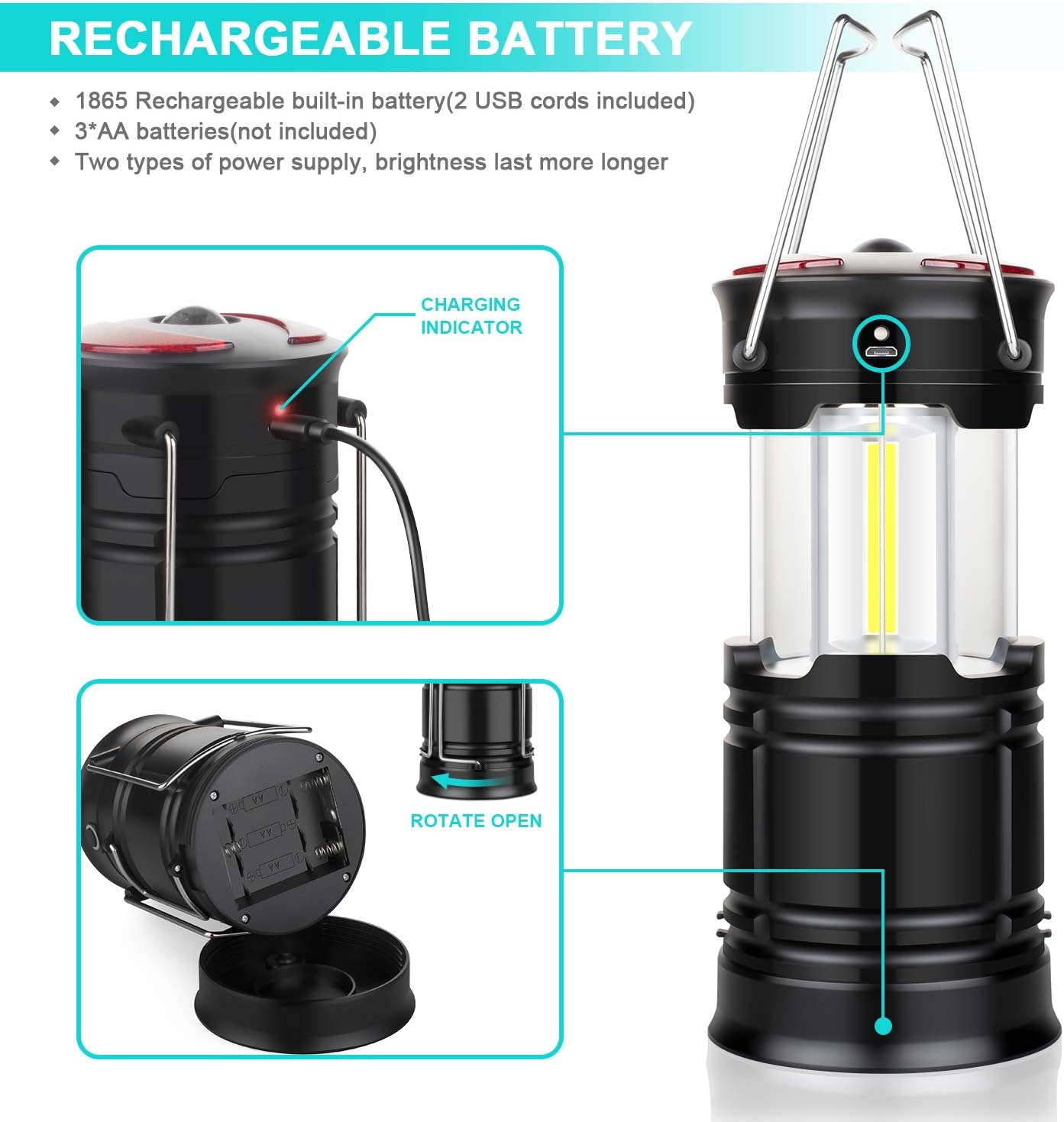 EZORKAS 2 Pack Camping Lanterns, Rechargeable Led Lanterns, Hurricane Lights with Flashlight and Magnet Base for Camping, Hurricane, Hiking, Emergency, Outage: Sports & Outdoors