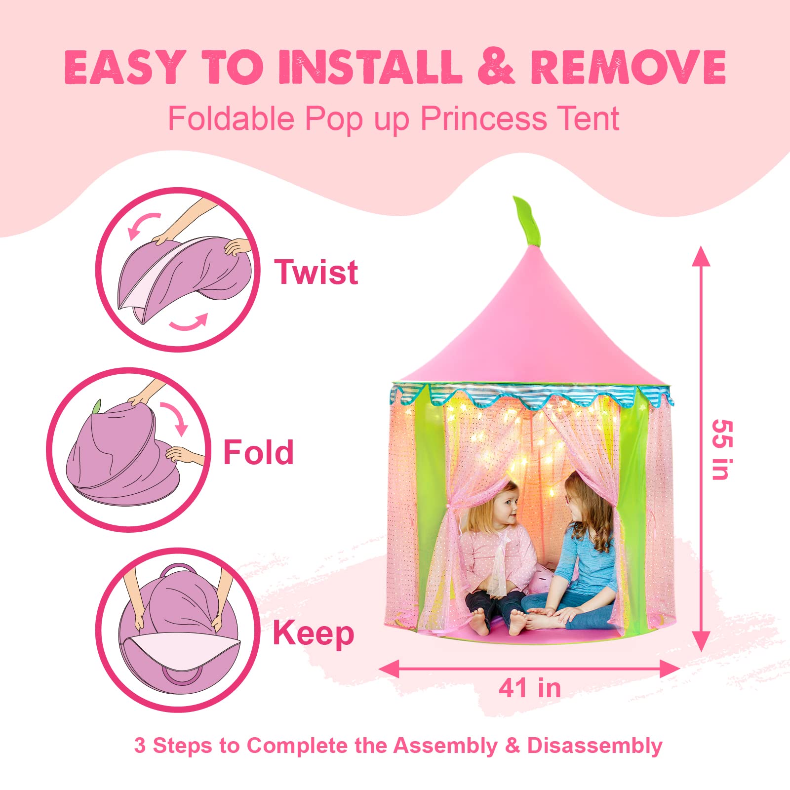 Tiny Land Princess-Tent with Star Lights & Carry Case, Pop Up Play-Tent, Princess Castle Indoor Playhouse, Foldable Kids Play Tent Outdoor, Toddler-Tent for Girls