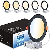 CycevSun 12 Pack Black Recessed Lights 6 Inch, Dimmable Canless Wafer Pot Exterior Outdoor Soffit, 5CCT Selectable, 12W, 120V, IC Rated, ETL