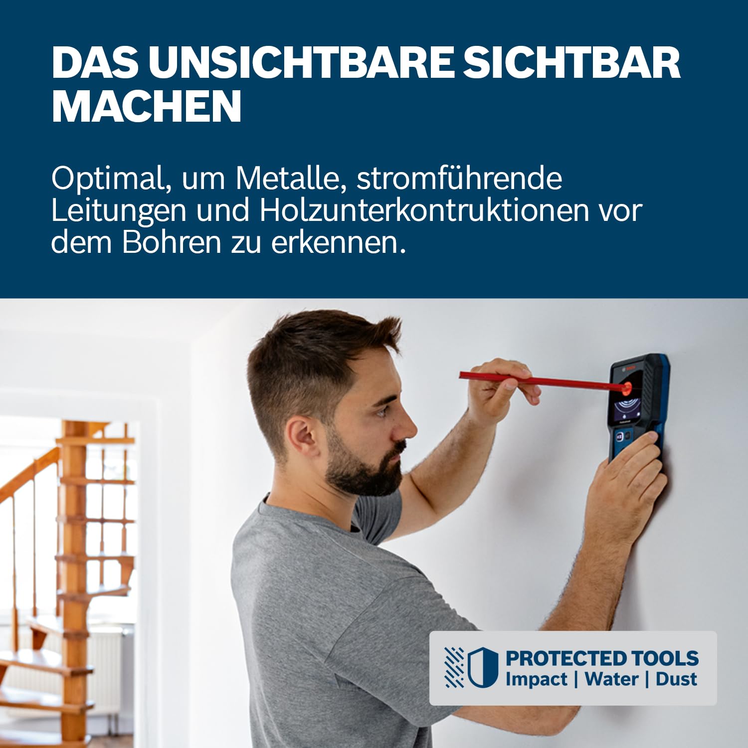 Bosch Professional Ortungsgerät GMS 120-27 (2xAA Batterien, max. Detektionstiefe Nicht-magnetisches Metall/magnetisches Metall/Spannungsführende Leitungen/Holz: 120/100/50/30 mm, Schutztasche) 2
