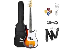 Aubegne APB-300 Full-Size 4 String Electric Bass Guitar Kit, Sunburst, Includes Gig Bag, Strap, Picks, Cable, Pick Necklace