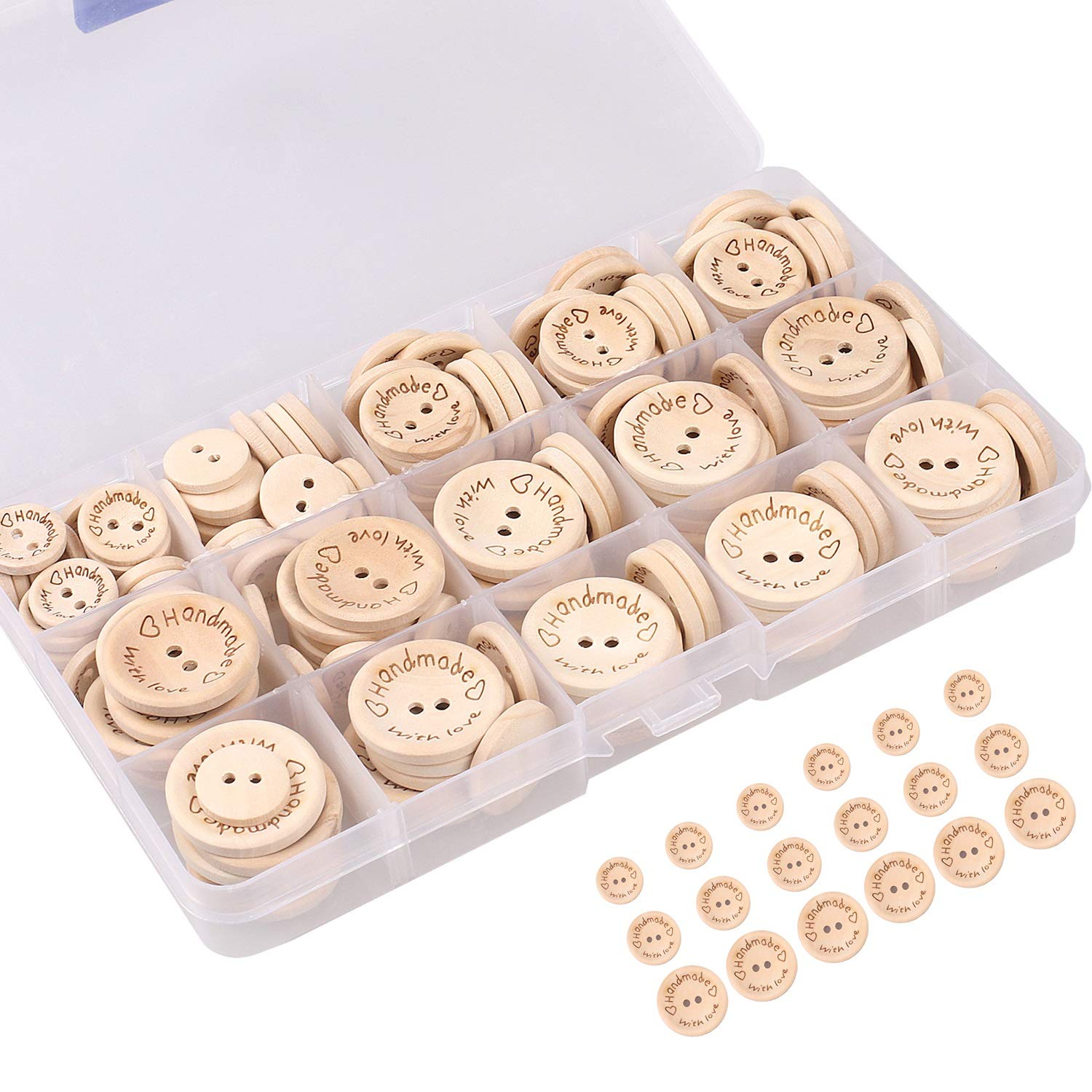150 Wooden Buttons for Clothes, 15mm 20mm 25mm Button for Crafting, Natural Buttons for Baby Cardigans, Buttons for Knitting Baby Clothes with Storage Box
