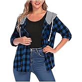 Women's Buffalo Plaid Hoodie Shirts Long Sleeve Lightweight Jacket Button Casual Fall Shirt Flannel Shacket Blouses