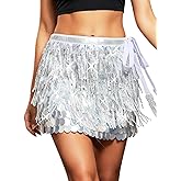 GORAIS Silver Sequin Skirt Sparkly Fringe Belly Dance Mermaid Costume Skirts for Women