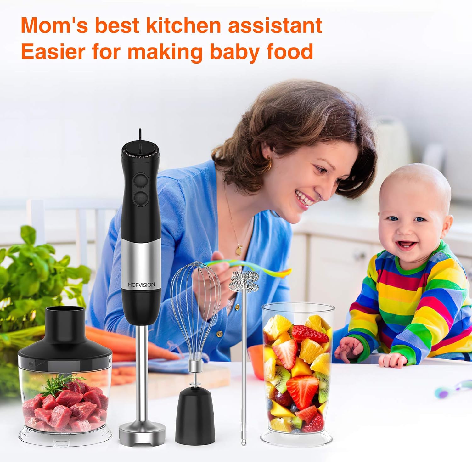 Immersion Blender, HOPVISION 1000W 12-Speed Hand Blender, 5-in-1 Hand Blender Set with Turbo Mode, Includes Stainless Steel Stick Blender, 500ml Chopper, 600ml Beaker, Milk Frother and Whisk, BPA-Free: Kitchen & Dining