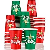 Funtery 60 Pcs 12 oz Christmas Paper Cups - Team Naughty or Nice Party Disposable Cups for Hot and Cold Beverages - Red Green Coffee Cup for Xmas Holiday Party Supplies