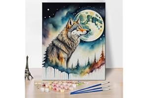REBOTIPY DIY Paint by Number Wolf Paint by Numbers for Adults Wolf Howling to the Moon Oil Paint Paint by Numbers Kits on Canvas Abstract Style Animals Paint by Numbers for Adults Beginner - Wolf 16x20inch
