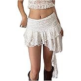 OYOANGLE Women's Plus Size Floral Lace Sheer Ruched Mini Skirts Textured Ruffled Y2K Elastic Waist Short Skirts