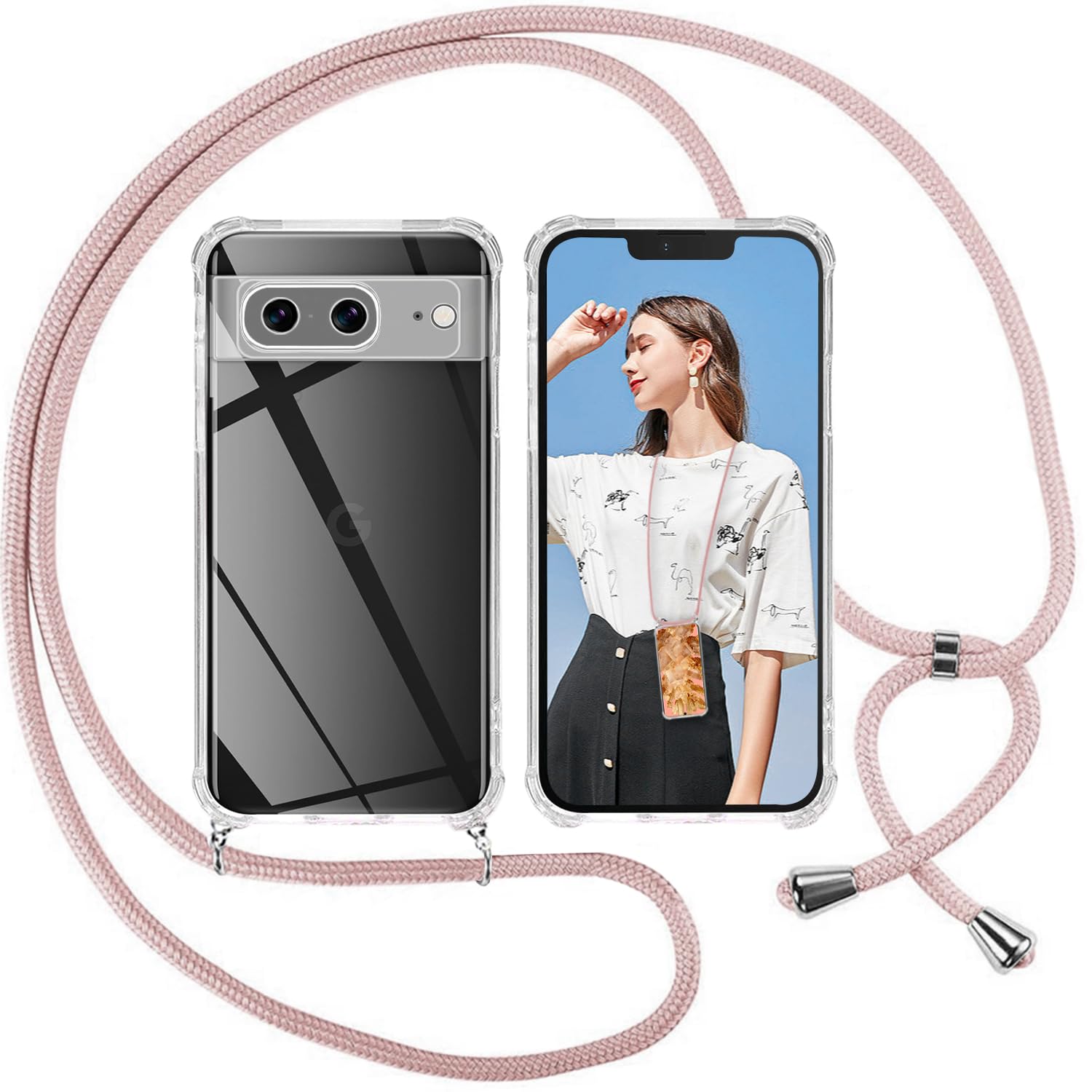 ISOI Case with Rope for Google Pixel 8, Transparent TPU Soft Silicone Case with Adjustable Hanging Strap Necklace Neck Strap Chain Lanyard, Pink