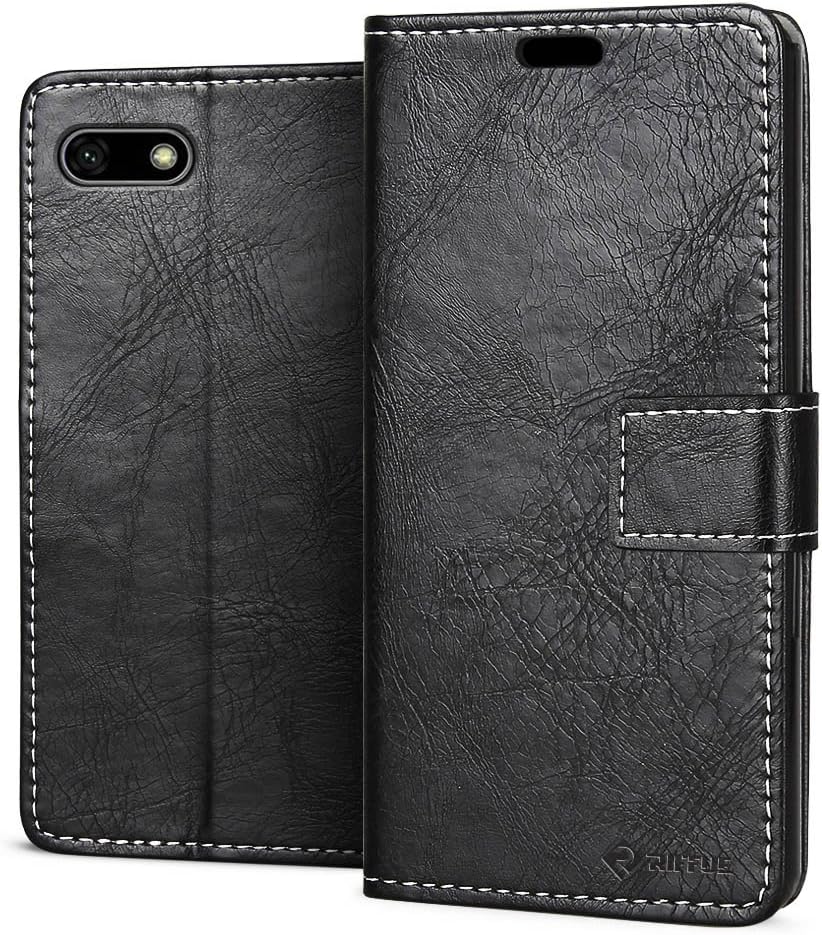 RIFFUE Huawei Y5 Lite 2018 or Huawei Y5 2018 Case, Elegant Flip Folio Leather Wallet Phone Case with Protective Stand, Magnetic Closure and Card Slots Retro Design - Black