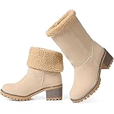 VIMISAOI Winter Boots for Women, Comfortable Slip On Mid Chunky Heel Suede Warm Snow Ankle Boots Outdoor Shoes