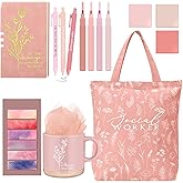 Reallnaive 15 Pcs Social Worker Appreciation Gifts Set Notebook Coffee Mug Floral Bag Ballpoint Pens Sticky Notes for Women Social Worker MSW DSW Lcsw Volunteer Coworker Office Supplies(Pink)
