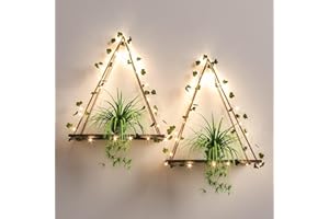 RICHER HOUSE Artificial Ivy LED-Strip Wall Hanging Shelves Set of 2, Macrame Shelf No Drilling for Bedroom Living Room Kitchen, Wood Hanging Plant Shelves for Wall Décor, Christmas Decorations