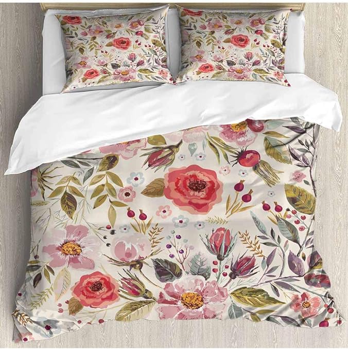 prunushome - Juego de funda de edredón con diseño de rosas y flores