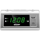 Sharp Digital Alarm Clock, USB-C &amp; USB-A Charging, Dual Alarm, Green LED | 3-step dimmer, 9-minute snooze, easy-set controls, beep wake sound, AAA backup, silver finish, bedroom, nightstand, office