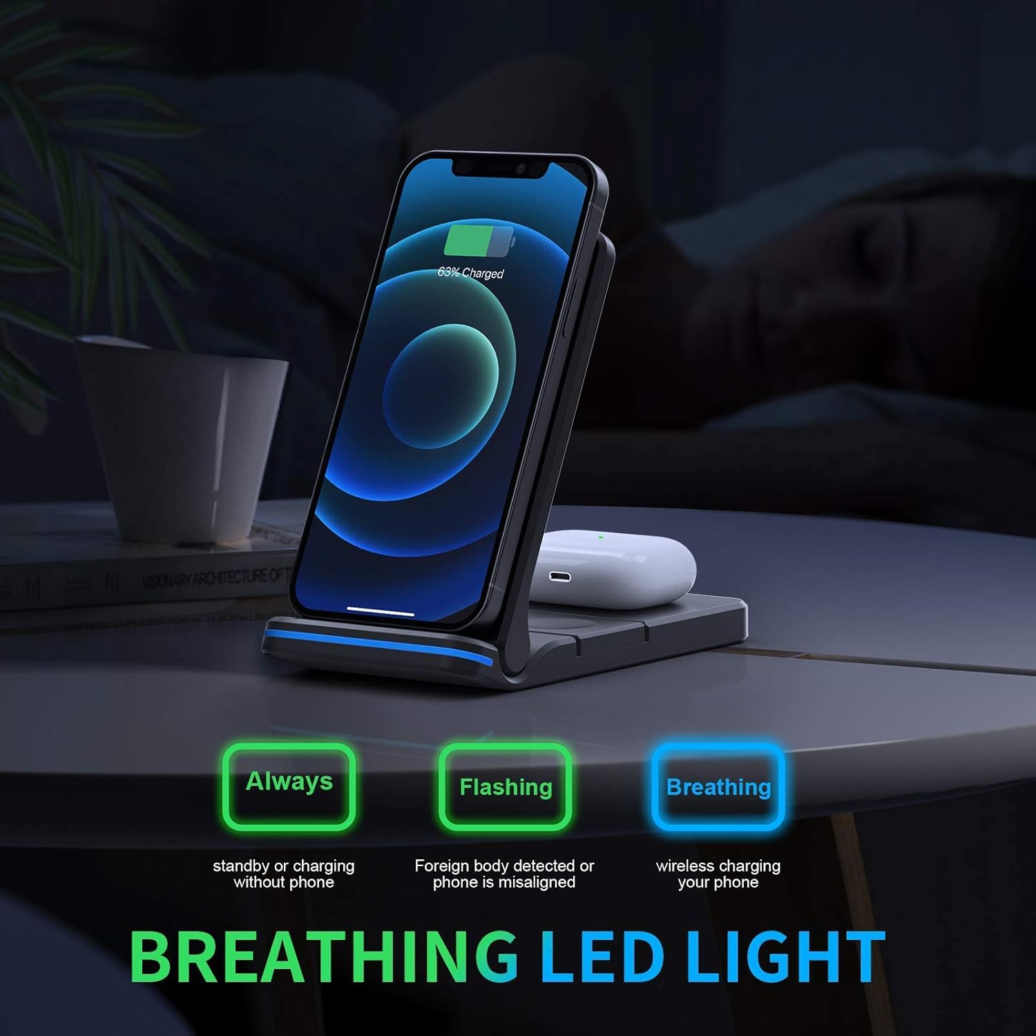 Wireless Charger Foldable Wireless Charging Station 15W 3 in 1 Qi Certified Fast Charger Stand for Apple Watch iPhone AirPods Samsung Galaxy Cell Phone with QC 3.0 Adapter: Electronics