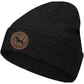 vnbsdwi Dog Beanie Hat Gift for Men Women - Black Dog Winter Hat Leather Patch Knitted Cuffed Cap Winter Skull Cap