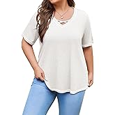 IN'VOLAND Women Plus Size Tunic Tops Summer Short Sleeve V Neck Criss Cross Shirts Casual Loose Plain Tee Shirt