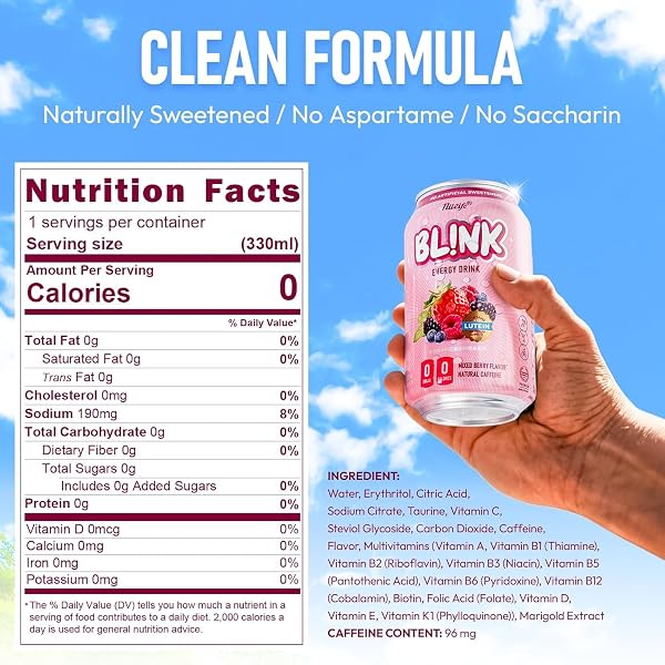NÜLIFE SUGAR FREE ENERGY DRINK MIXED BERRY, PACK OF 12, 96MG NATURAL CAFFEINE, LUTEIN FOR EYE SUPPORT DRINKS, VITAMIN ENRICHED, BL!NK HEALTHY CLEAN ENERGY, NO ARTIFICIAL SWEETENER, 11.16 FL OZ