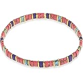 Sonateomber Colorful Tila Flat Beads Stretch Bracelets for Women, Trendy Unique Handmade Stackable Rainbow Mixed Colorful Square Beaded Link Bracelet Summer Jewelry Gift