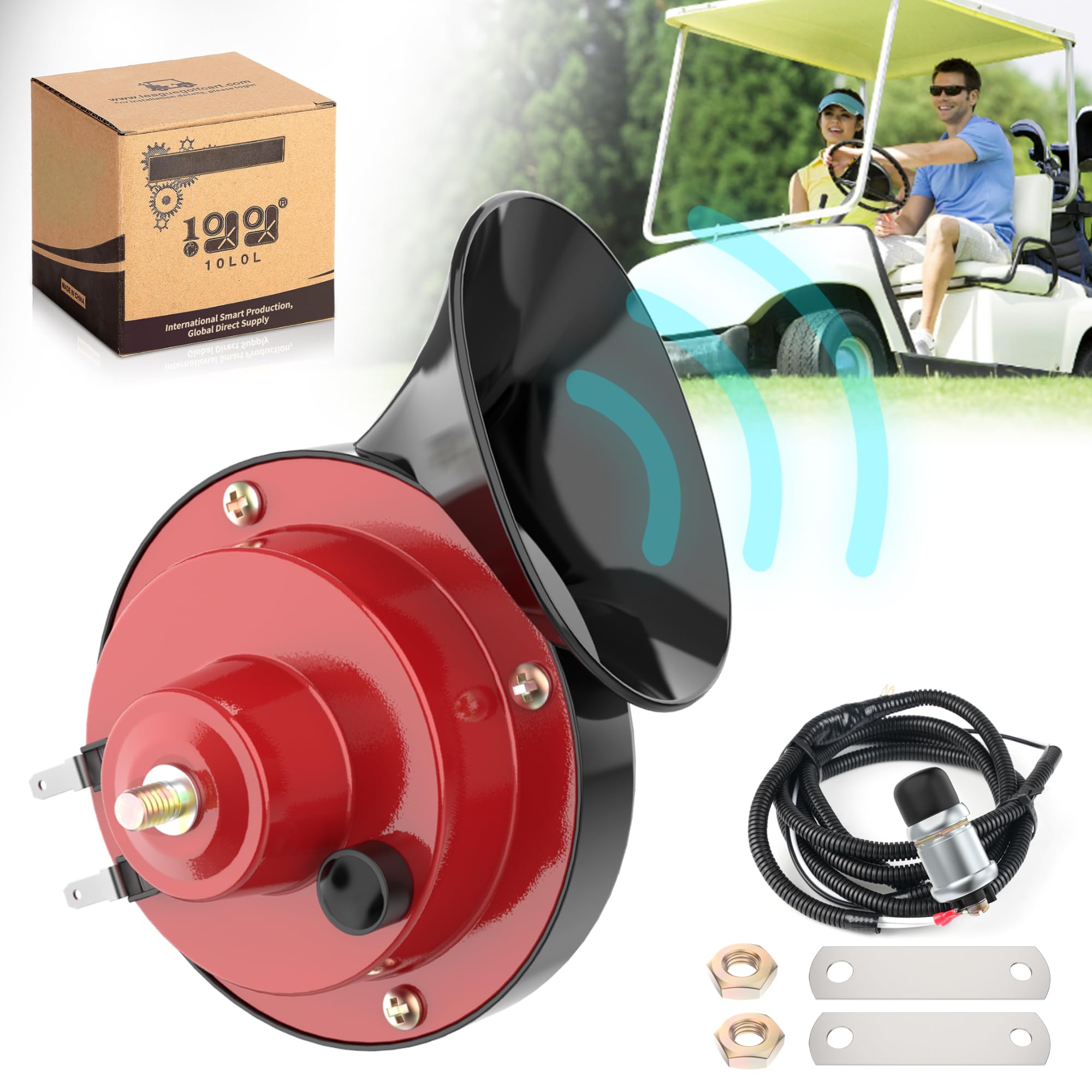 10L0L 12 Volt Golf Cart Horn Kit for Yamaha EZGO Club Car or UTV Universal Waterproof Electric Snail Horn Floor Mount Button Switch, Adjustable Loud