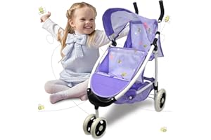 Doll Stroller Toy Anivia Realistic Twin Dolls Pram, Doll Pushchair with Shopping Basket Heart Design Gifts for Toddlers and Girls Foldable Baby Doll Stroller Toy (DA310pur)