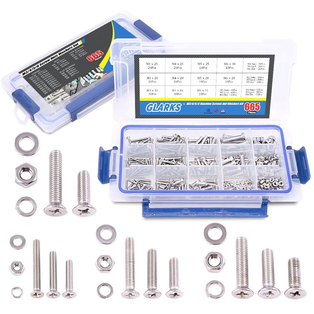 Glarks 665Pcs 304 Stainless Steel M3 M4 M5 M6 Phillips Flat Head Machine Screws Bolts Nuts and Flat Gasket Spring Washers Assortment Set, Full Thread