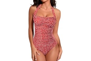 Smismivo Tummy Control Swimwear Halter One Piece Slimming Vintage Retro Swimsuit Womens Ruched Push Up Bathing Suit