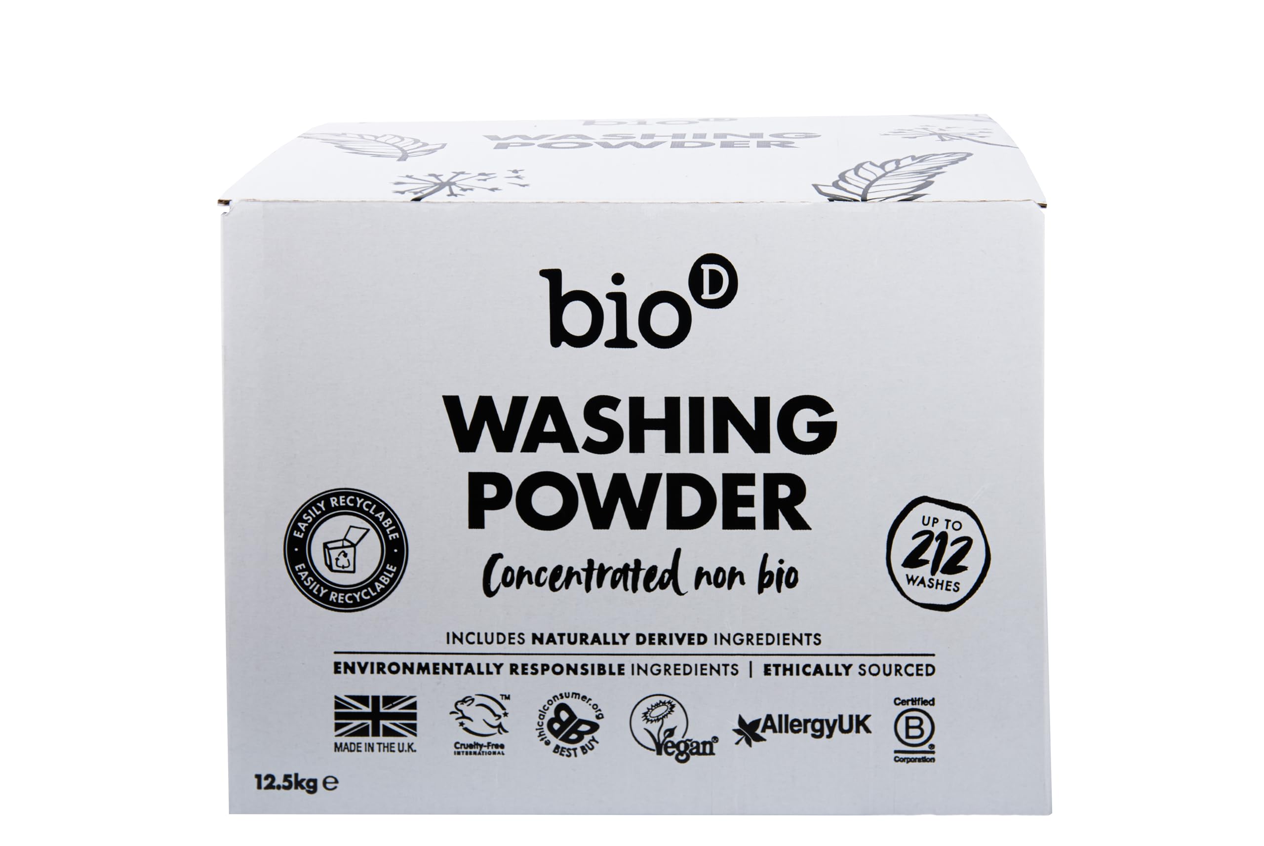 Bio-D Concentrated Non Bio Laundry Washing Powder 12.5kg | 212 Washes | Fragrance Free | Tough on Stains | Eco Friendly | Allergy Friendly | Gentle on Sensitive Skin | Vegan | Cruelty Free