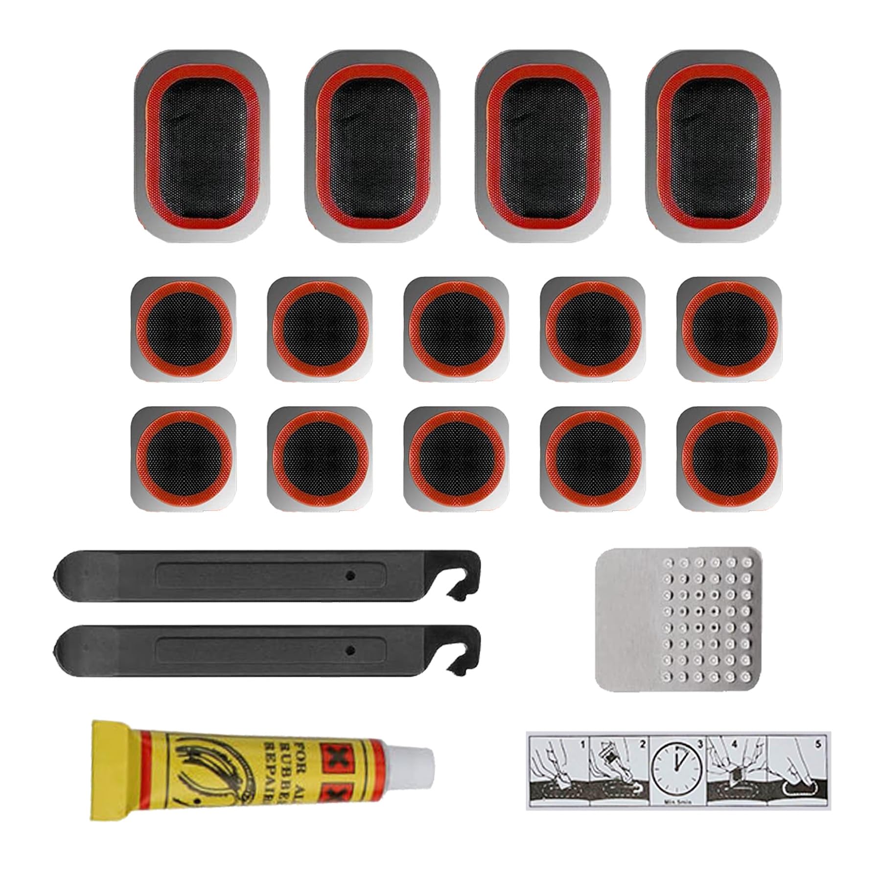 24Pcs Bike Patch Kit - Bicycle Tire Inner Tube Repair Kit with Vulcanizing Fluid/Rubber Cement, Patches, Metal Rasp, Levers - For All Types of Bikes, BMX, E-Scooters - by Mobi Lock