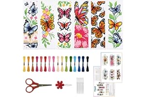 ORIGACH 6 Pcs Cross Stitch Bookmark Kit for Beginner Adults, Butterflies and Flowers Stamped Embroidery Bookmark Kit with Instruction for Starters Printed Cross Stitch DIY Kits for Book Lovers