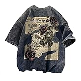 Lubpow Mens Acid Wash Tshirt Oversized Vintage Graphic T-Shirts Cool Grunge Rose Floral Shirt Trendy Y2K Streetwear Tee Tops