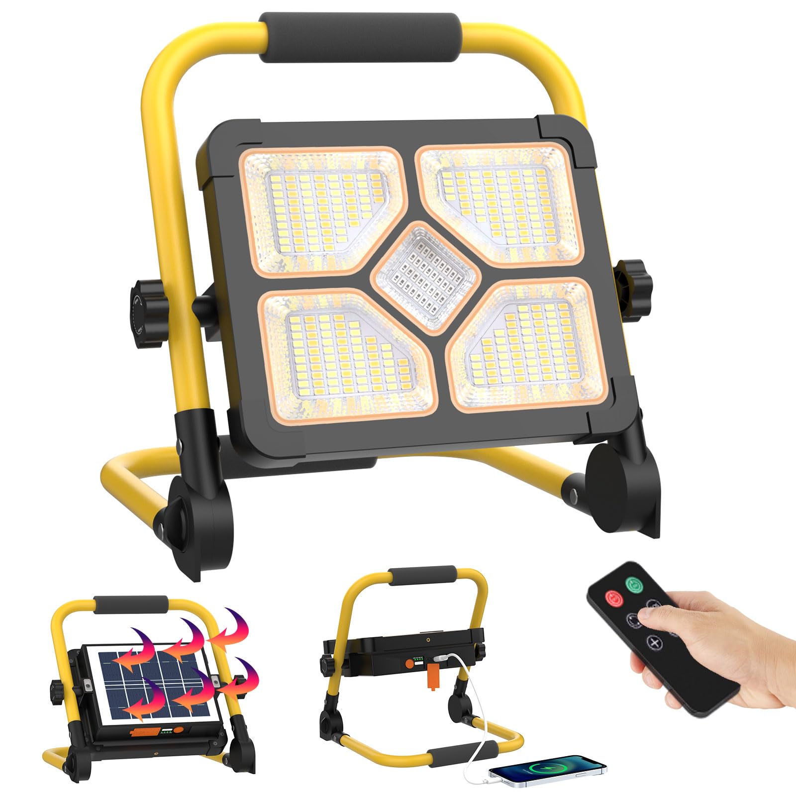 ERAY Rechargeable LED Work Light with Stand & Remote Control, 150W 10000LM Solar Portable Flood Light - 5 Dimming Modes/USB Output/Magnetic Bases, IP66 Waterproof Job Site Light for Camping Garage