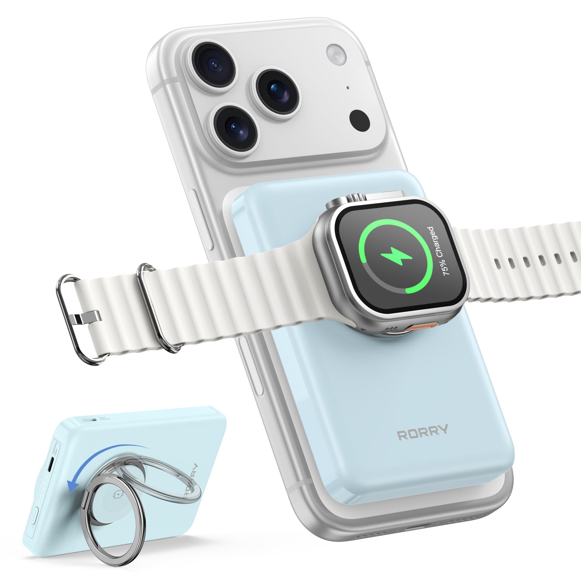RORRY for Magsafe Battery Pack, 10000mAh Magnetic Power Bank, 20W PD Fast Charging Wireless Portable Charger with Phone Ring for iPhone 17/16/15/14/13, Apple Watch Ultra/11/10/9/8/7/6/5/4/SE, Blue