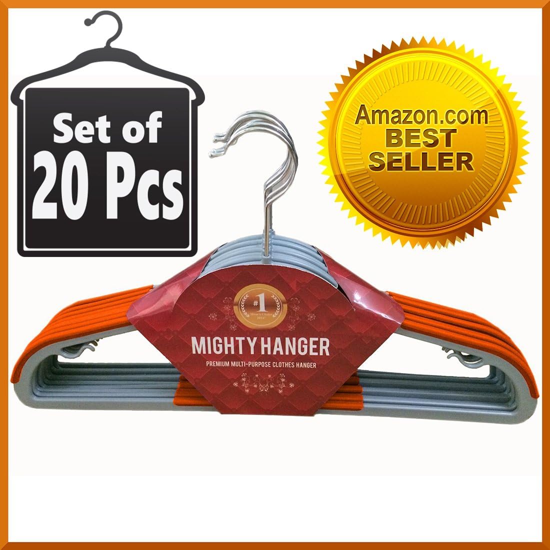 Set of 20 Pcs Orange Mighty Hanger153; Premium Clothes Hanger for Baby, Kids or Adults - Extra Strong, Ultra Thin 1/7"(4mm), Space Saver, Fully Protect Against Unwanted Dent - Luxuriously Flocked - Best All in One Flocked Hanger for Your Finest Clothes, Ties, Scarves, Towels, Belts, Skirts