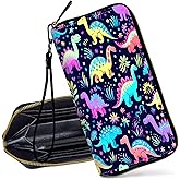 Decahouy RFID Blocking Wristlet Wallet for Women, Slim PU Leather Clutch Purse with Zipper, Small Credit Card Holder with Wrist Strap, Travel Zip Wallet for Ladies,Cute Dinosaurs
