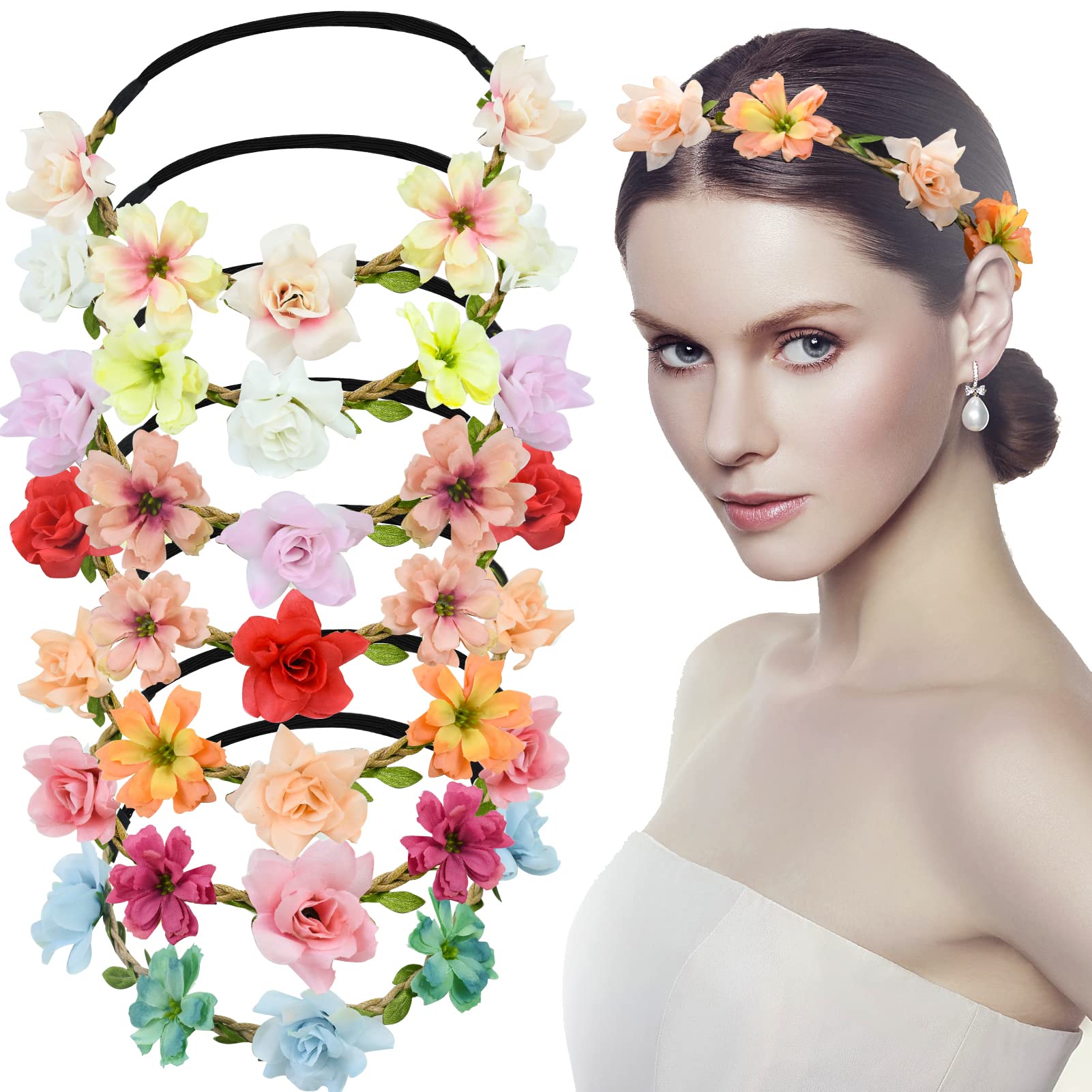 BEHAHAI 7Pcs Flower Crown Headband, Flower Hair Wreath Floral Halo Garland for Wedding Party Festival, 52-58cm