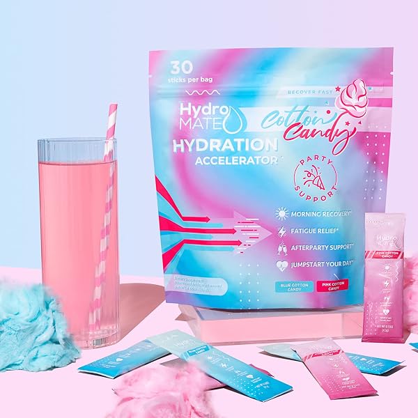 HYDROMATE ELECTROLYTES POWDER DRINK MIX PACKETS HYDRATION ACCELERATOR LOW SUGAR LOW CALORIE RAPID PARTY RELIEF RECOVERY PLUS VITAMIN C COTTON CANDY FLAVOR 16 STICKS