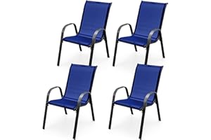 MEDIMALL Patio Chairs, Stackable Patio Chairs Set of 4, Blue Lawn Chairs with Armrest & Breathable Fabric for All Weather, Outdoor Dining Chairs for Yard, Poolside, Balcony, Garden