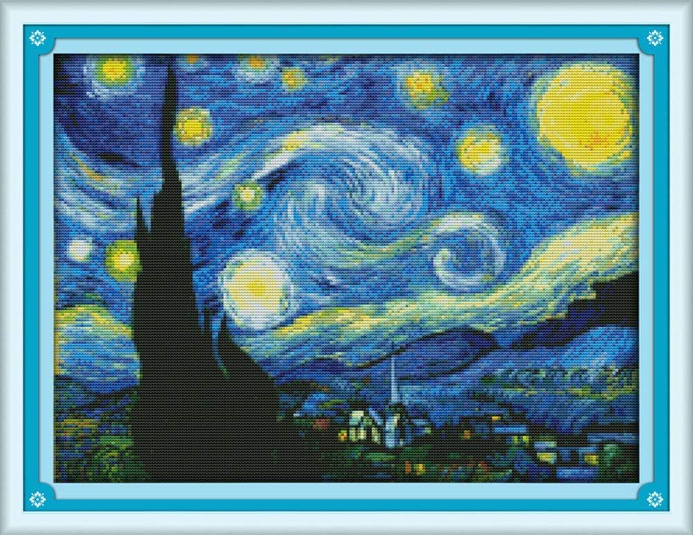 WOWDECOR Stamped Cross Stitch Kits for Adults Beginners, Pre Printed The Starry Night by Van Gogh 11ct Large 59×45cm DIY Embroidery Famous Paintings Needlework Set