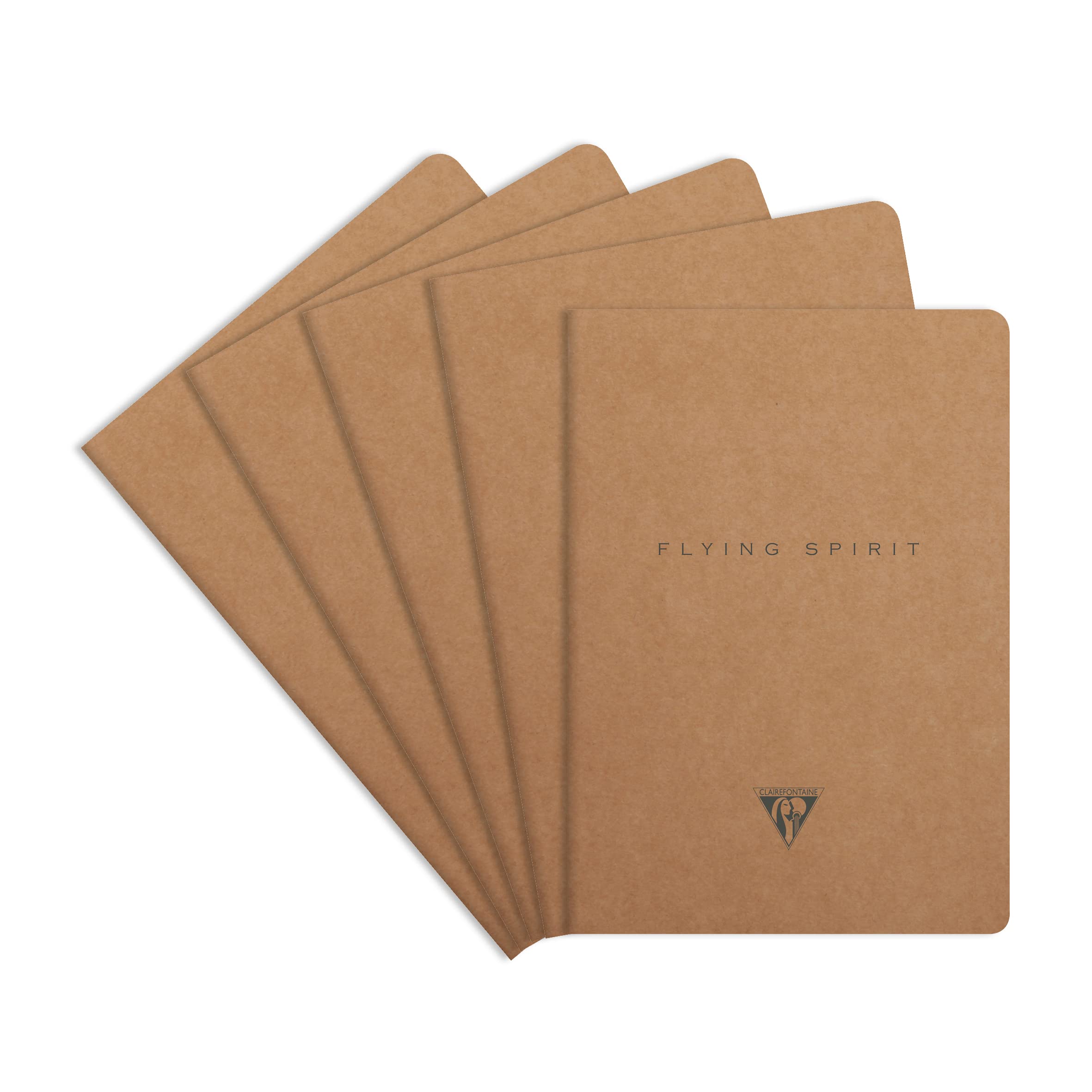 Clairefontaine 103536C - A pack of 5 Flying Spirit thread-stitched notebooks 96 ivory pages 14.8x21 cm 90g lined, brown kraft card cover, ass pattern
