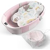 Collapsible Baby Bathtub - Large Baby Bath Tub with Thermometer & Cushion | Travel Portable Newborn Infant Bathtub | Foldable