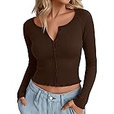 Oakgarden Women's Cropped Cardigan Cotton Long Sleeve Ribbed Y2k Button Down Shirt Scoop Neck Slim Fit Fall Top