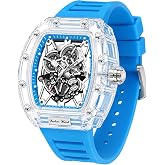 Gosasa Men's Transparent Tonneau Quartz Watch, Skeleton-Style Dial, Date | Transparent tonneau case, skeleton-style dial, quartz date display, silicone strap and 30M water resistance for daily wear.