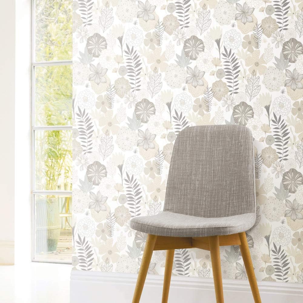 RoomMates RMK11326WP Perennial Blooms Peel and Stick Wallpaper, Beige