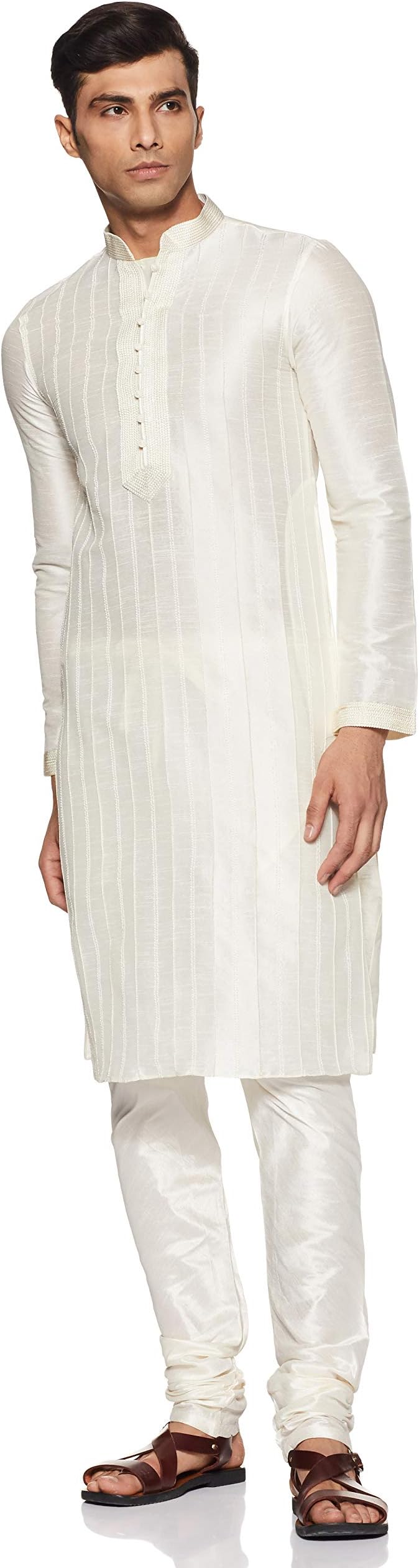 Manyavar Men's Full Sleeve Regular Fit Banded Collar Kurta Paired with Churidar
